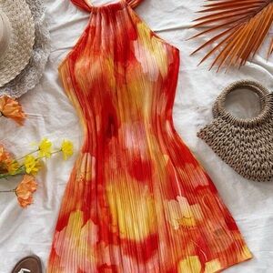 Red and Orange Halter Midi Sundress